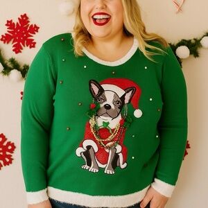 French Bulldog Ugly Christmas Sweater Green Red Necklaces Pom Pom Decor size XXL